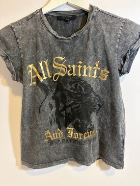 All Saints Mineral-Wash Tee with Gold Script Logo
